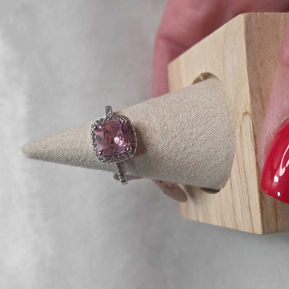 Women's Square Pink Stone Fashion Ring Silver Tone Band Elegant Rhinestones